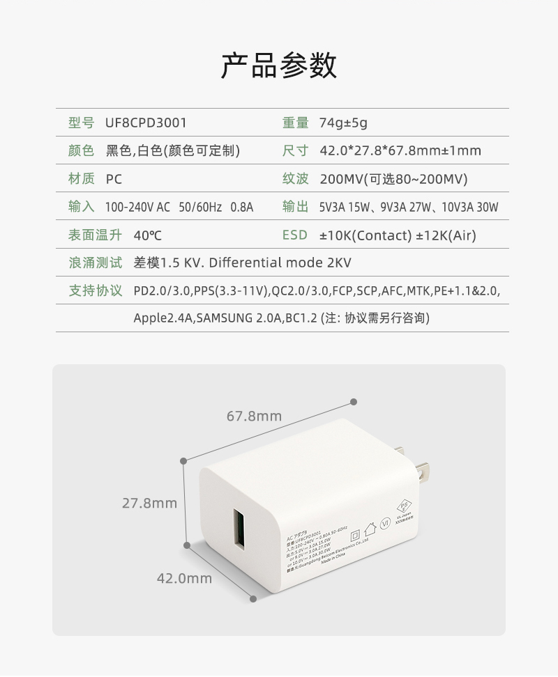 PD30W 日规快充 单U 产品参数