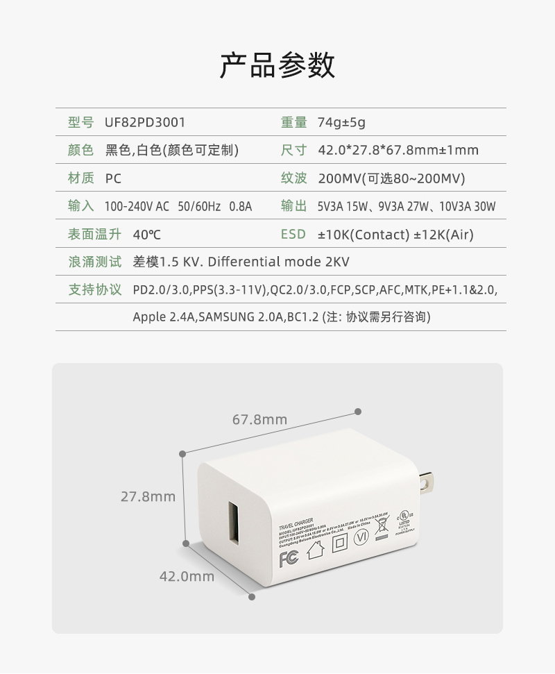 PD3001 美规充电器 单U 产品参数