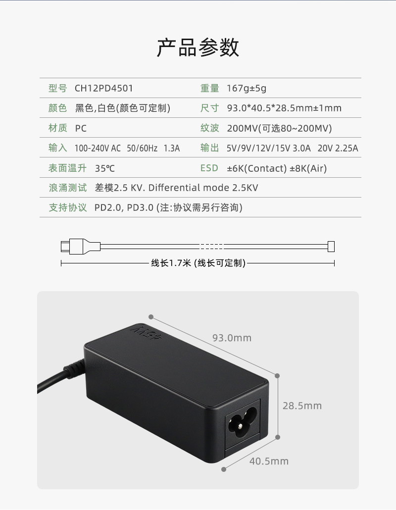 PD45W 欧美英规快充 产品参数